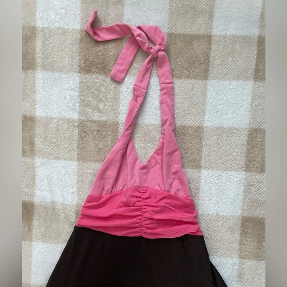 Vintage Hype size 7 Girls Halter Neck Dress Pink and Brown A-Line